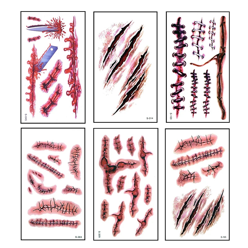 6pcs Halloween Bloody Wound Tattoo Stickers Trick Scary Waterproof Temporary Tattoo DIY Fake Tattoo Halloween Party Decoration