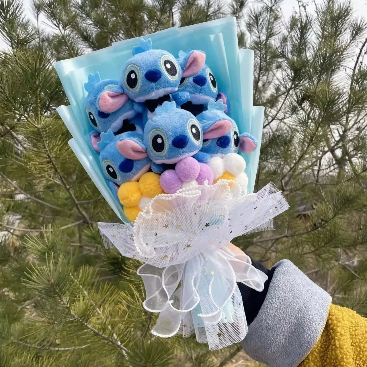 Catoon Stich Plush Doll Toy With Flowers Creative Handmade Bouquet Stuffed Animals Valentine Christmas Graduation Gift