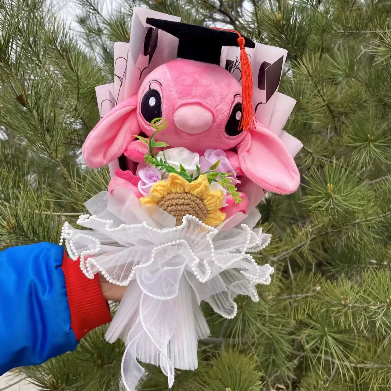 Catoon Stich Plush Doll Toy With Flowers Creative Handmade Bouquet Stuffed Animals Valentine Christmas Graduation Gift