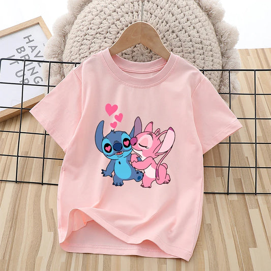 Disney Stitch Kids Cotton T-shirt Anime Cartoon Printed Pink Pullover Summer Boys Girls Comfortable Breathable Top Birthday Gift