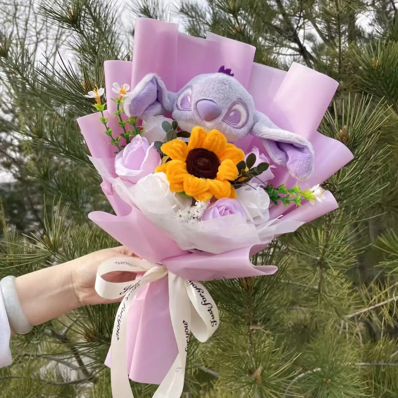 Catoon Stich Plush Doll Toy With Flowers Creative Handmade Bouquet Stuffed Animals Valentine Christmas Graduation Gift
