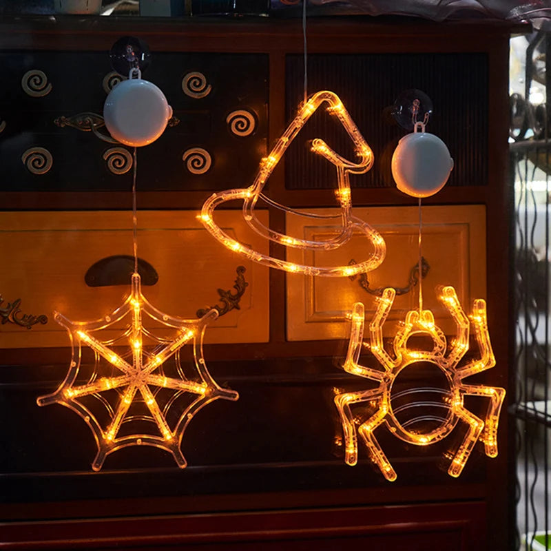 Halloween Decoration Window Lights Pumpkin Spider Ghost Witch Hat Hanging LED Sucker Lamp for Home Bar Halloween Party Decor
