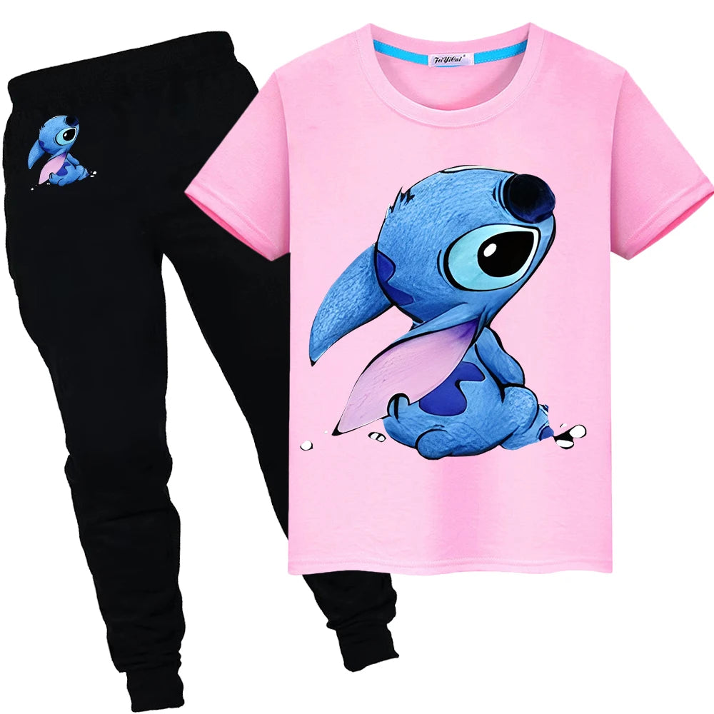 Stitch Disney Summer Sports suit boys girls Print 100%Cotton T-shirt Cute Tshirts disney Kawaii Tees Short+pant kid holiday gift