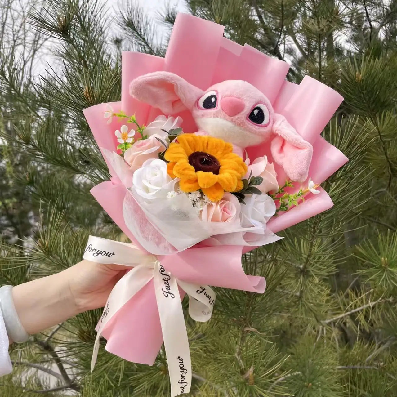 Catoon Stich Plush Doll Toy With Flowers Creative Handmade Bouquet Stuffed Animals Valentine Christmas Graduation Gift