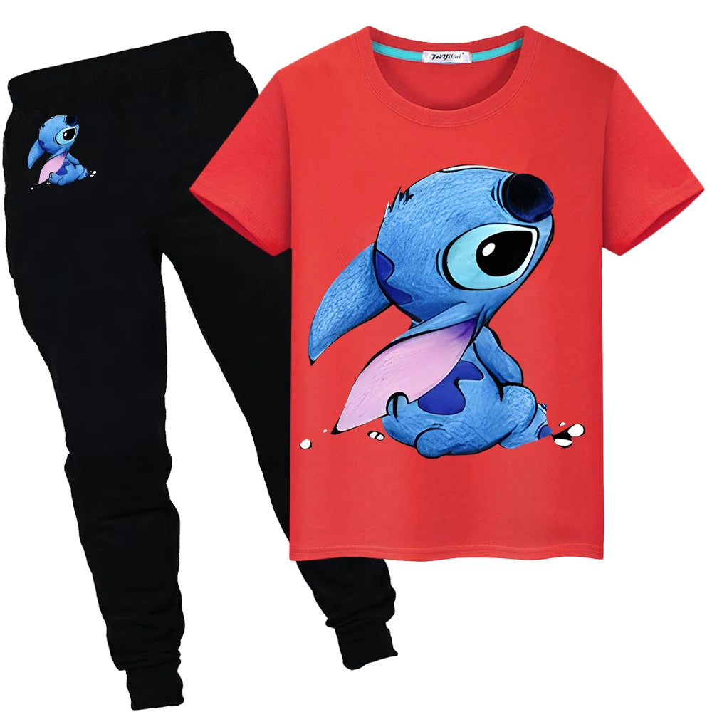 Stitch Disney Summer Sports suit boys girls Print 100%Cotton T-shirt Cute Tshirts disney Kawaii Tees Short+pant kid holiday gift