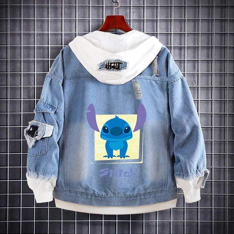 Disney Lilo and Stitch Denim Jacket Spring Autumn Cartoon Sweatshirts Kids Hooded Coats Fashion Adult Casual Streetwear Clothes