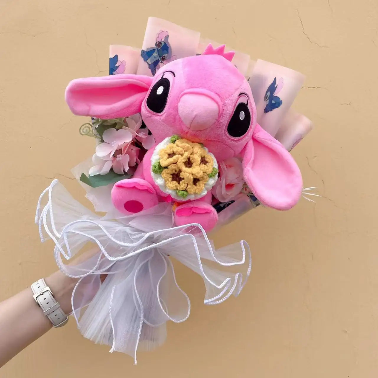 Catoon Stich Plush Doll Toy With Flowers Creative Handmade Bouquet Stuffed Animals Valentine Christmas Graduation Gift