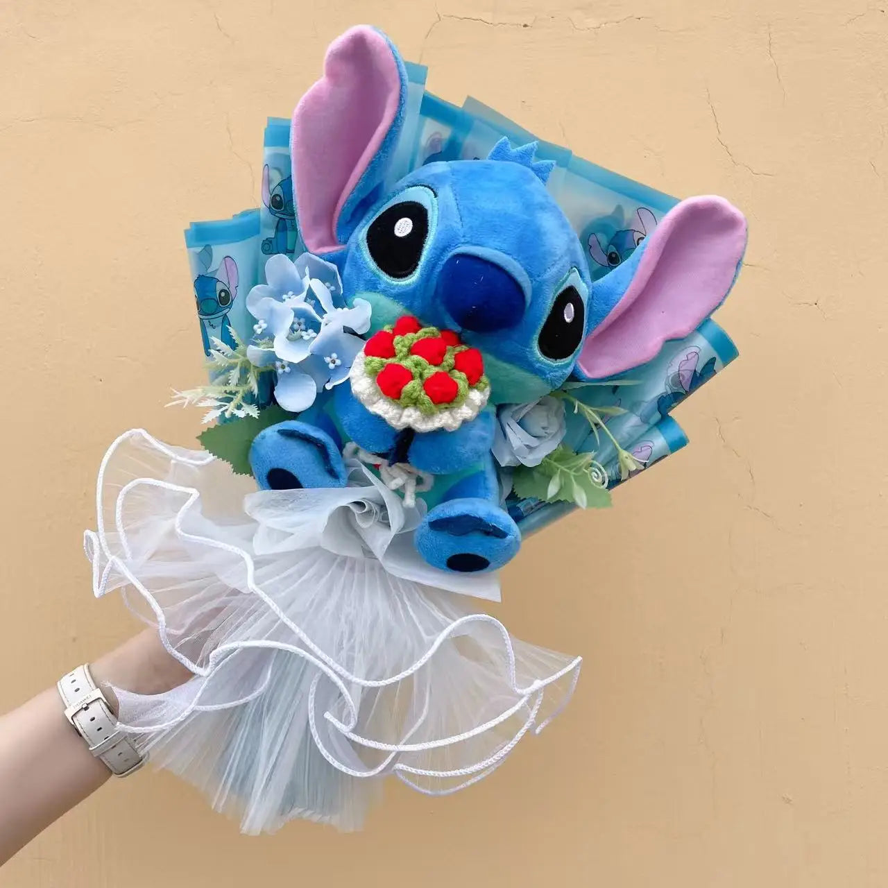Catoon Stich Plush Doll Toy With Flowers Creative Handmade Bouquet Stuffed Animals Valentine Christmas Graduation Gift