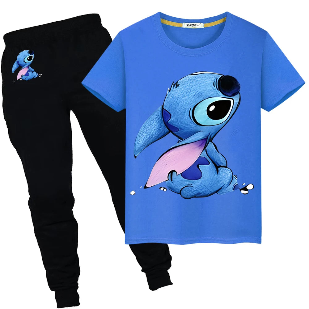 Stitch Disney Summer Sports suit boys girls Print 100%Cotton T-shirt Cute Tshirts disney Kawaii Tees Short+pant kid holiday gift