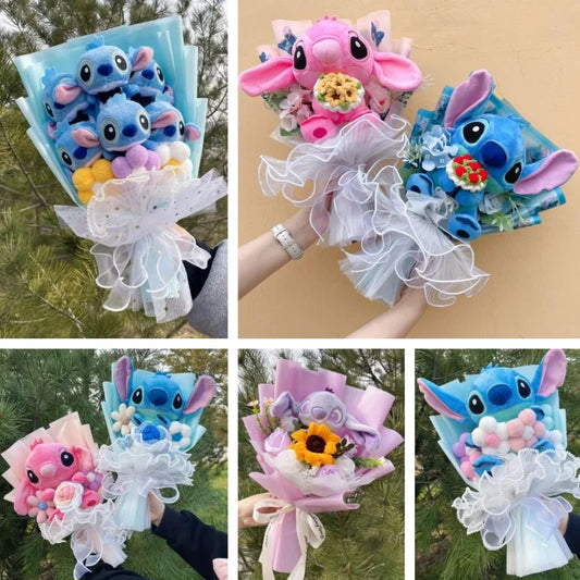 Catoon Stich Plush Doll Toy With Flowers Creative Handmade Bouquet Stuffed Animals Valentine Christmas Graduation Gift