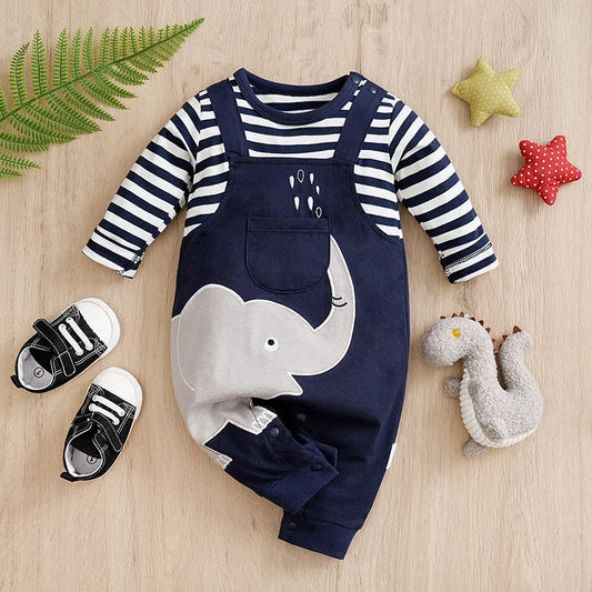 Spring and Autumn New Newborn Pure Cotton Long sleeved jumpsuit Cute Elephant Strap Pants jumpsuit for boys and girls
