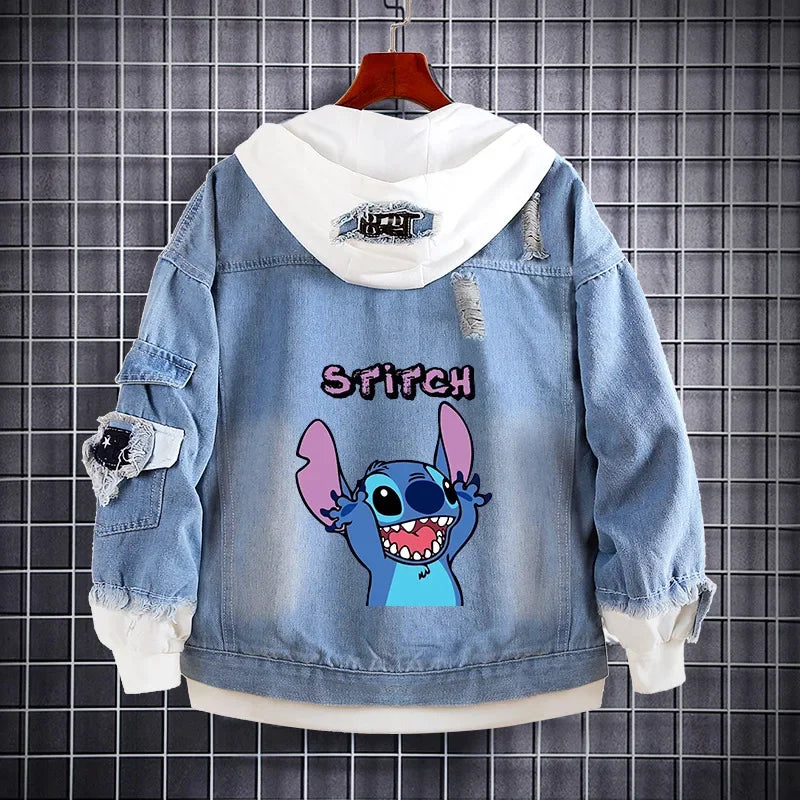 Disney Lilo and Stitch Denim Jacket Spring Autumn Cartoon Sweatshirts Kids Hooded Coats Fashion Adult Casual Streetwear Clothes