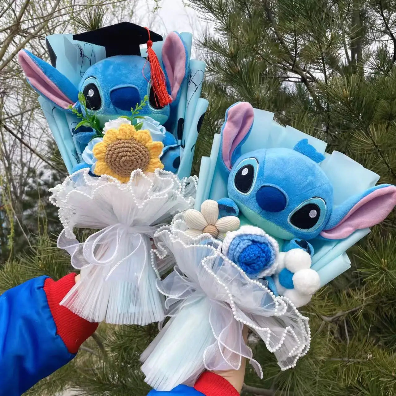 Catoon Stich Plush Doll Toy With Flowers Creative Handmade Bouquet Stuffed Animals Valentine Christmas Graduation Gift