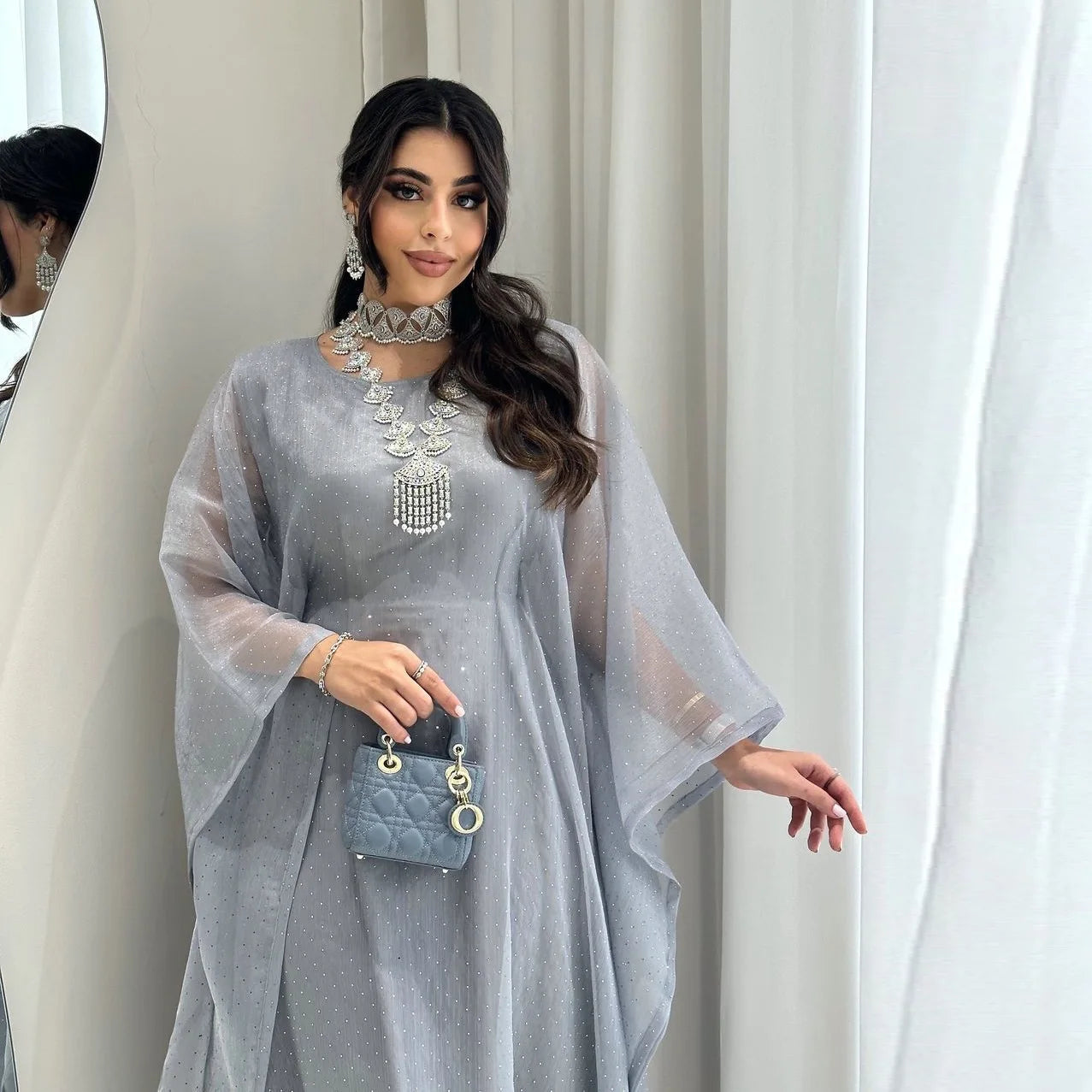 Ramadan Beading Muslim Dress Women Bat Sleeve Abaya Khimar Jilbab Eid Kaftan Robe Hijab Dresses Dubai Kimono Islamic Clothing