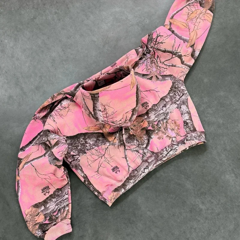 Y2K Retro Zip Up Hoodie Pink Branch Camo Print Pattern Sweatshirt Streetwear Harajuku Trendy Casual Camouflage Unisex Boxy Coat