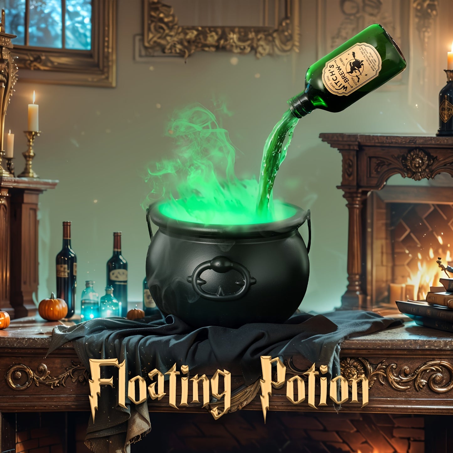 Indoor Halloween Decorations - Witch's Cauldron With Magical Bottles & Fog Maker - Perfect Halloween Party Decor For Home Mantel Table Gifts.
