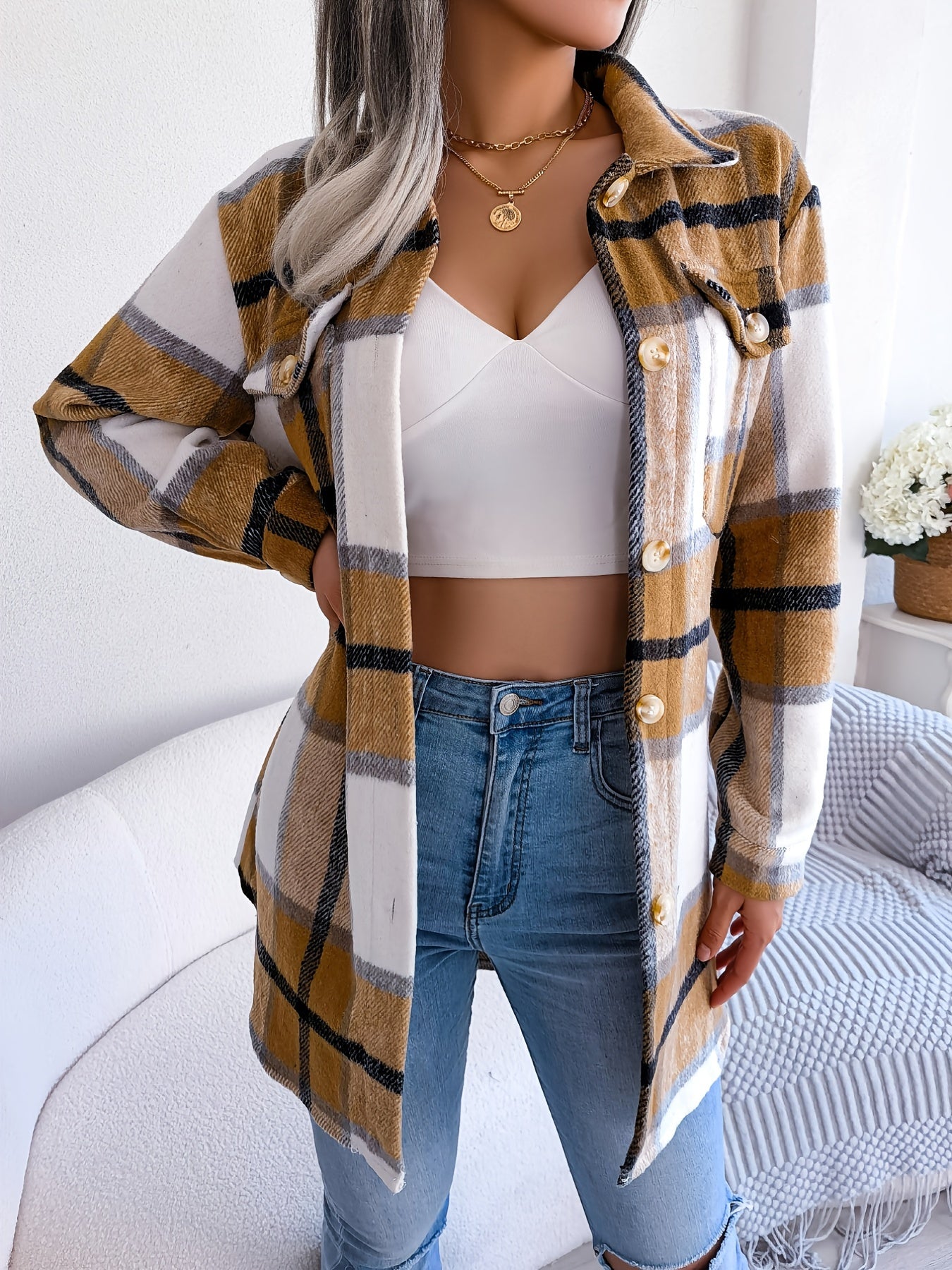 Plaid Lapel Long Sleeve Coat, Casual Button Front Outerwear For Winter & Fall, Women's Clothing