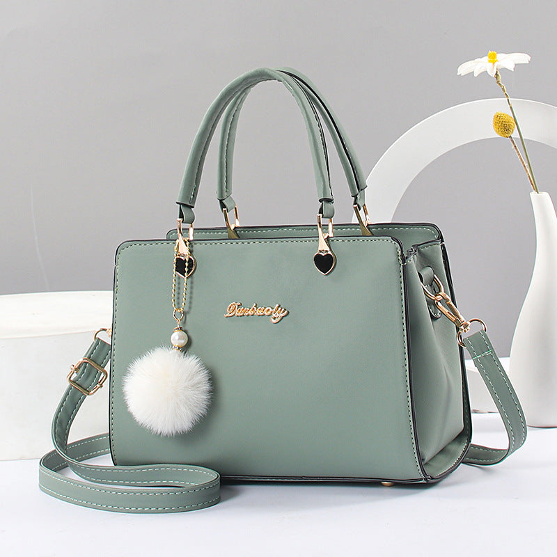 Faux Leather Solid Color Shoulder Bag, Removable Strap, Zipper Closure, Multi Layer Crossbody Bag Design, Polyester Lining, Fade Resistant, Pom Pom Charm, Perfect Holiday Gift