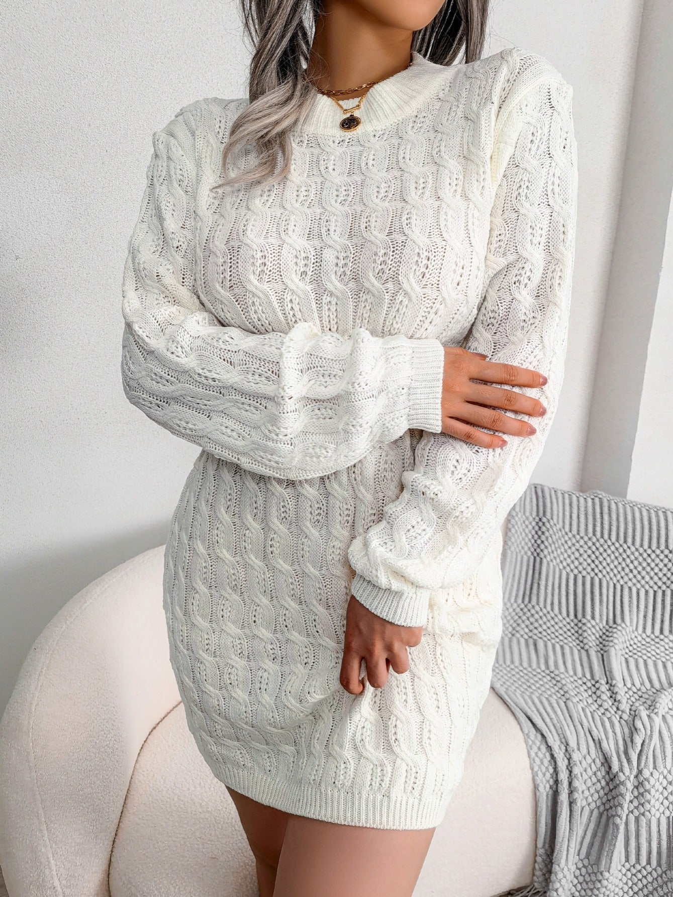 Women's Sweater Round Neck Solid Twist Waist Bottoming Fall Winter Sweater Dress