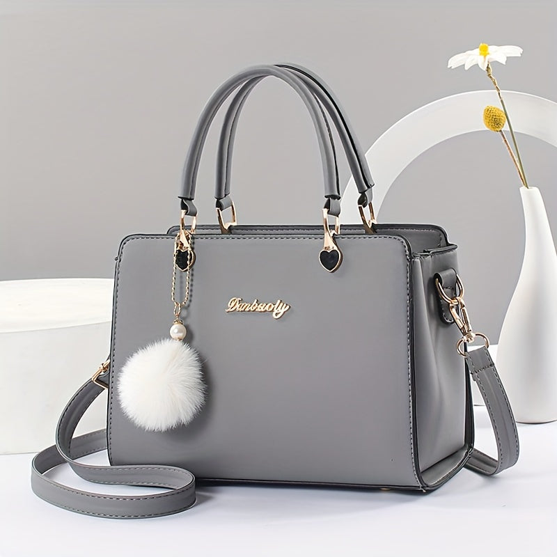 Faux Leather Solid Color Shoulder Bag, Removable Strap, Zipper Closure, Multi Layer Crossbody Bag Design, Polyester Lining, Fade Resistant, Pom Pom Charm, Perfect Holiday Gift