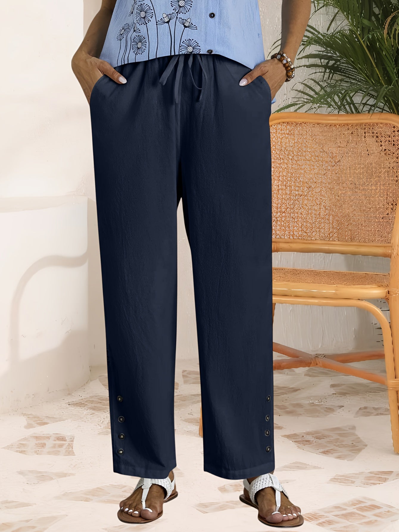 Women'S Casual Straight Leg Pants with Elastic Drawstring Waist & Decorative Buttons - Lace-Trimmed Trousers, Pockets for Fall-Spring Daily Wear, Commute & Resort Outfits, Spring Fashion, Elegant Detailing, Comfortable Fit, S