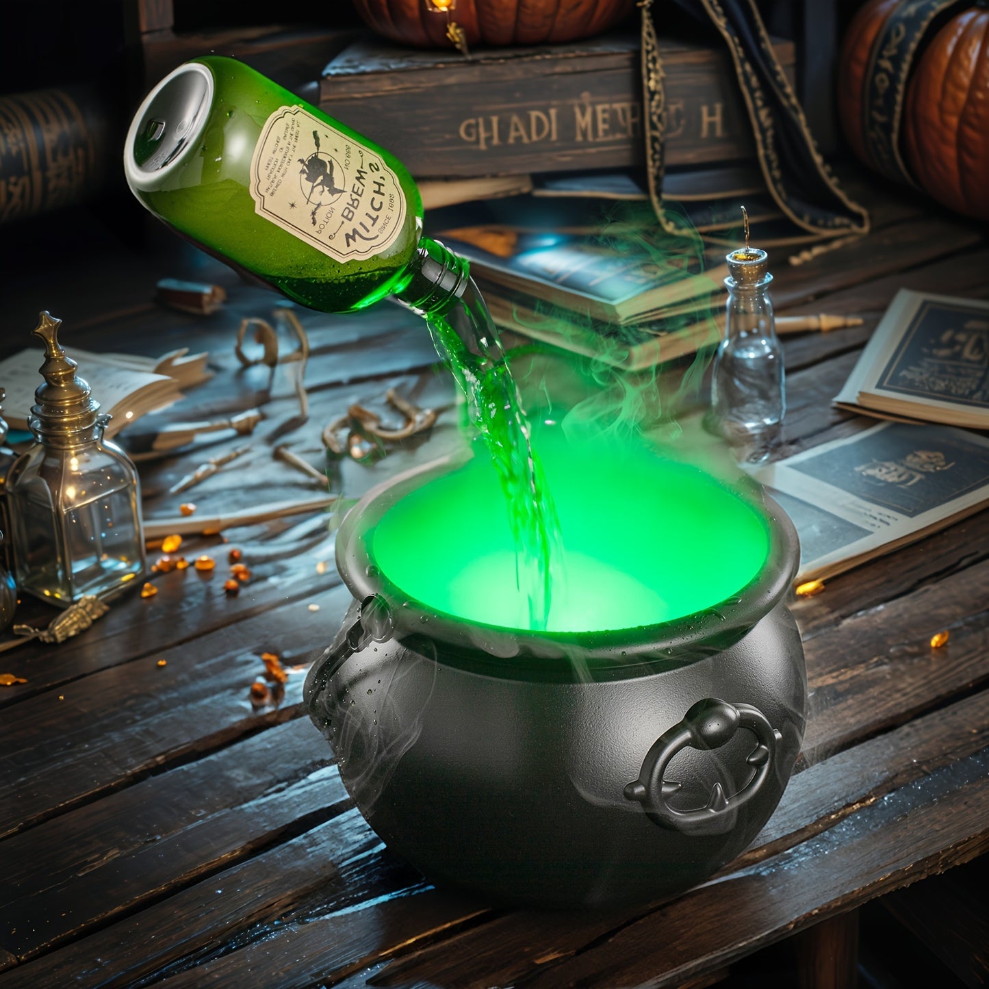 Indoor Halloween Decorations - Witch's Cauldron With Magical Bottles & Fog Maker - Perfect Halloween Party Decor For Home Mantel Table Gifts.