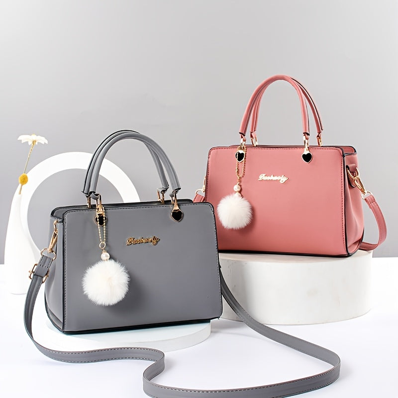 Faux Leather Solid Color Shoulder Bag, Removable Strap, Zipper Closure, Multi Layer Crossbody Bag Design, Polyester Lining, Fade Resistant, Pom Pom Charm, Perfect Holiday Gift