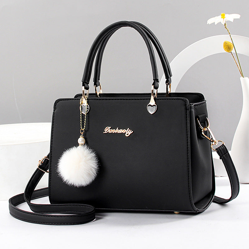 Faux Leather Solid Color Shoulder Bag, Removable Strap, Zipper Closure, Multi Layer Crossbody Bag Design, Polyester Lining, Fade Resistant, Pom Pom Charm, Perfect Holiday Gift