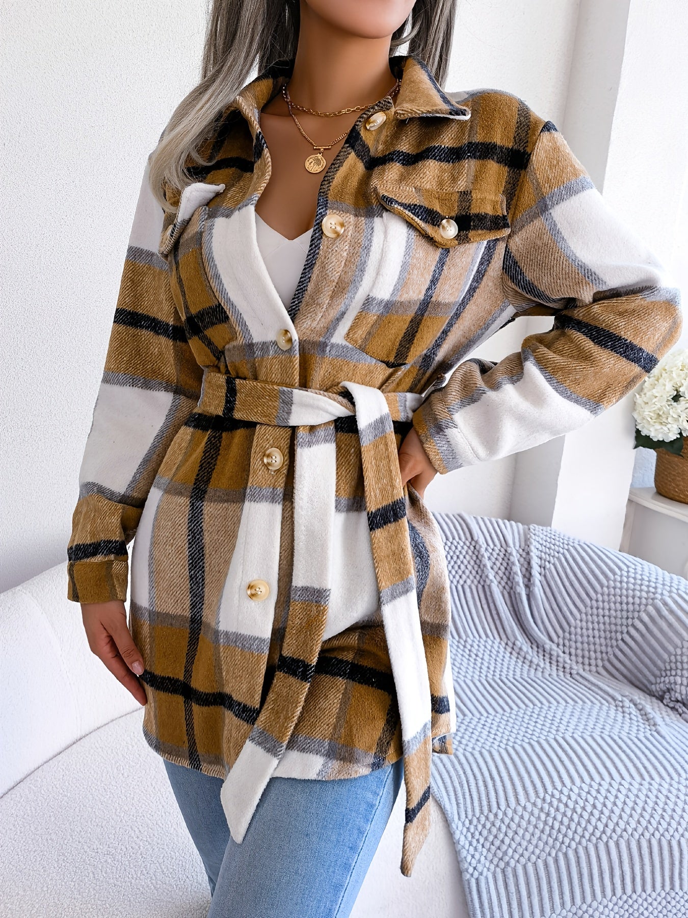 Plaid Lapel Long Sleeve Coat, Casual Button Front Outerwear For Winter & Fall, Women's Clothing