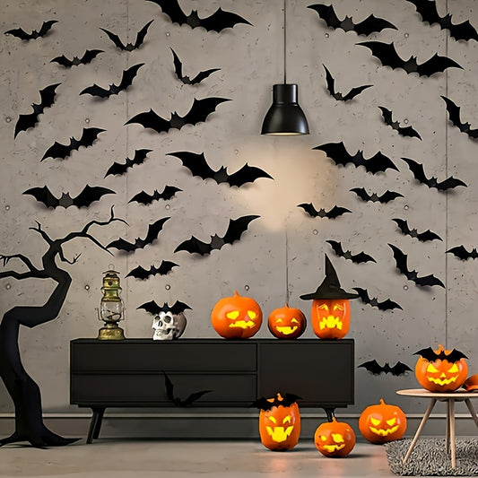 12/24/36/48/60/72/96/120/144pcs, 3D Black PVC Bat Halloween Decoration - Scary Decor Props For Bar Room, Wall Sticker - Perfect For Halloween Party And Supplies, Weird Stuff - Halloween Decorations, Halloween Home Decor, Hall
