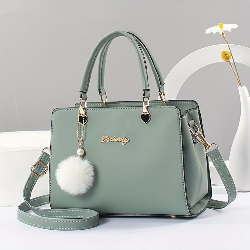 Faux Leather Solid Color Shoulder Bag, Removable Strap, Zipper Closure, Multi Layer Crossbody Bag Design, Polyester Lining, Fade Resistant, Pom Pom Charm, Perfect Holiday Gift