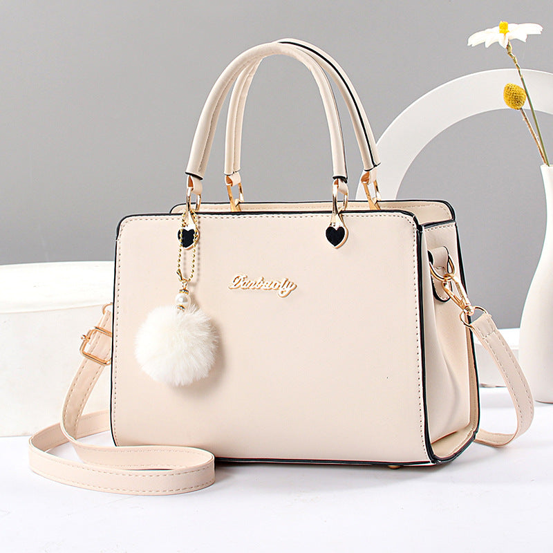 Faux Leather Solid Color Shoulder Bag, Removable Strap, Zipper Closure, Multi Layer Crossbody Bag Design, Polyester Lining, Fade Resistant, Pom Pom Charm, Perfect Holiday Gift
